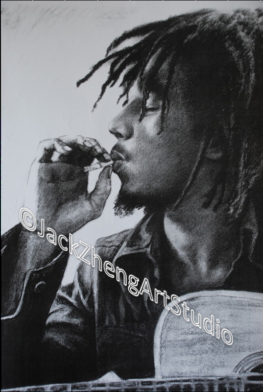 Portrait in Charcoal Drawing - Bob Marley @Jack Zheng Art Studio