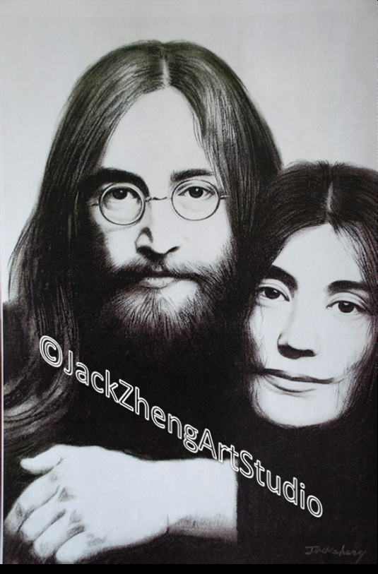 Portrait in Charcoal - Beetles John Lennon and his Wife Yoko Ono @Jack Zheng Art Studio