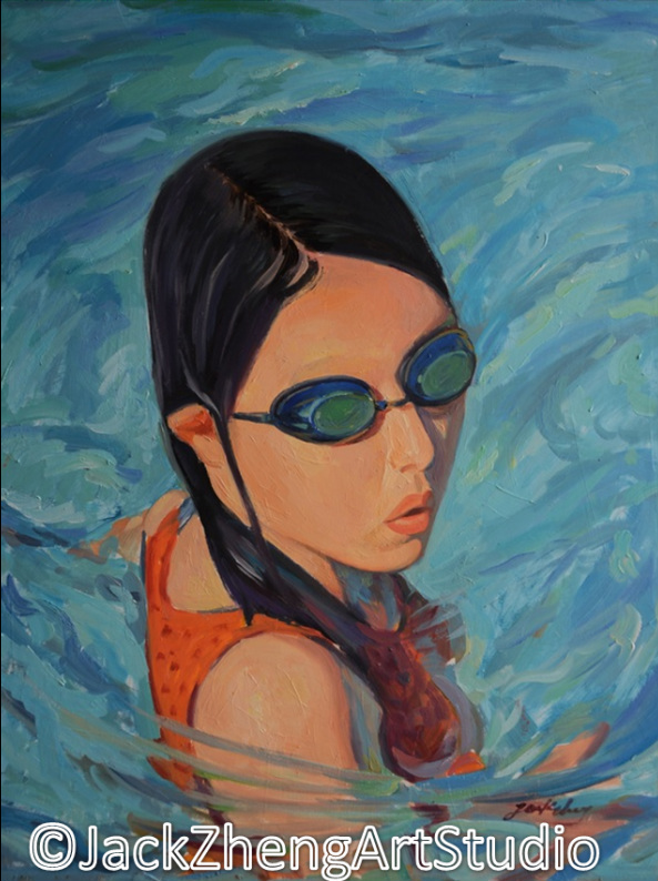 Portrait in Oil Painting - Girl in Pool @Jack Zheng Art Studio